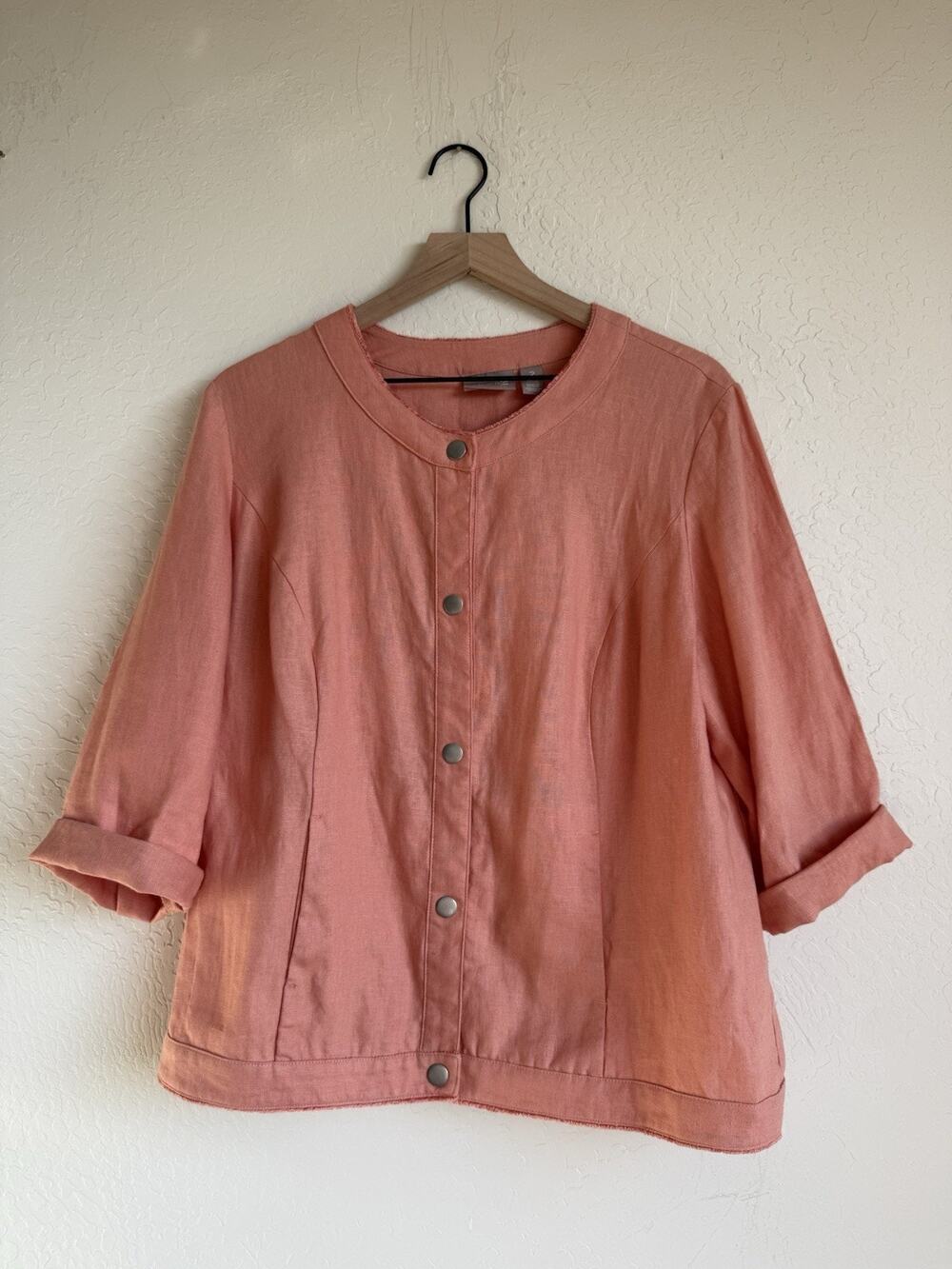Chico's 100% Linen Jacket Coral Snap Front 3/4 Sleeve Size 2 (L) Lightweight